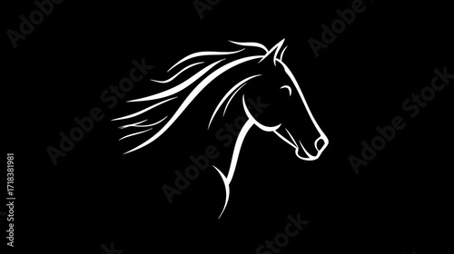 Minimalist line drawing of a horse's head with flowing mane on a black background