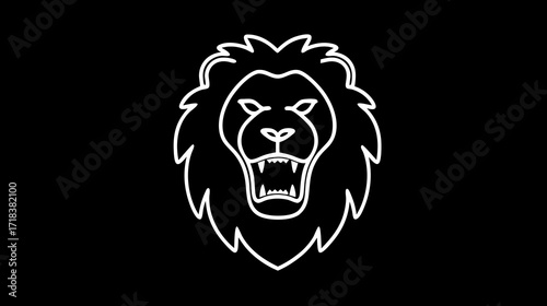 White line art of a roaring lion head centered on a stark black background image