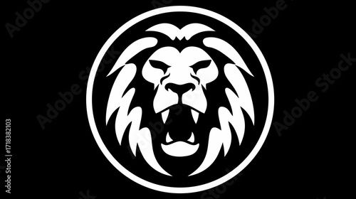 Stylized white lion head in a circle on a black background, roaring with visible teeth