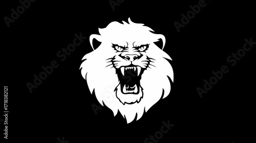 A fierce, white lion head roaring aggressively against a stark black background