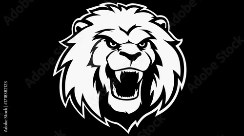 Stylized, high-contrast black and white illustration of a fierce lion head