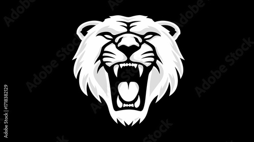 White roaring lion head on a black background, stylized in a minimalist fashion
