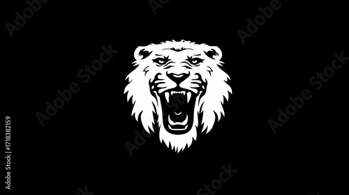 White lion roaring fiercely, head facing forward on a solid black background