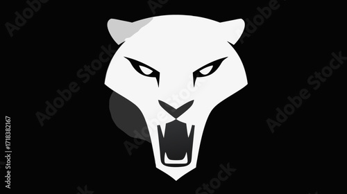 Black background with a stylized white animal head with bared teeth and intense eyes