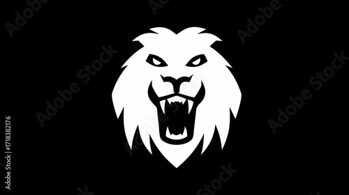 White stylized lion head with sharp teeth on black background; centered
