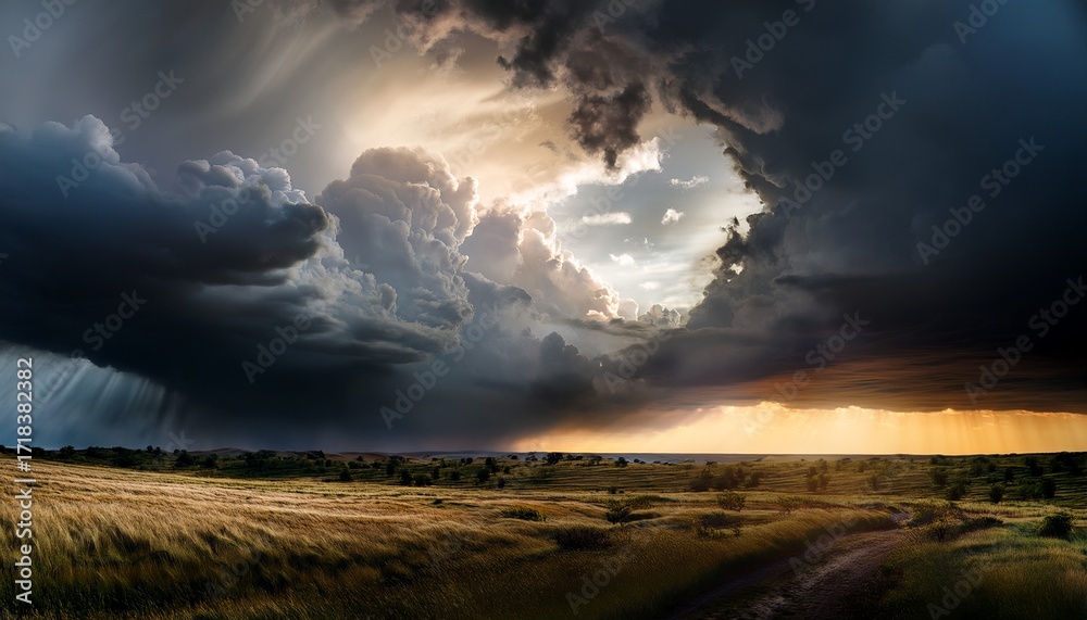Fototapeta premium Ominous Storm Clouds Fill The Sky Creating A Dramatic Atmosphere With Rays Of Sunlight Breaking Through The Scene Suggests An Impending Storm On The Horizon