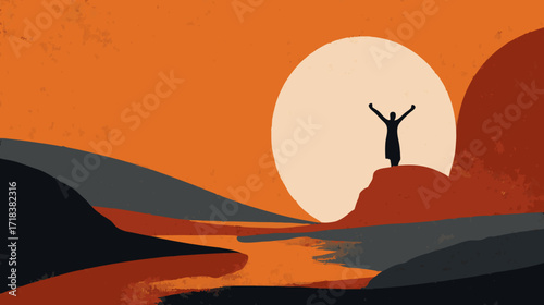 Abstract textured landscape with silhouette of person on peak against large sun