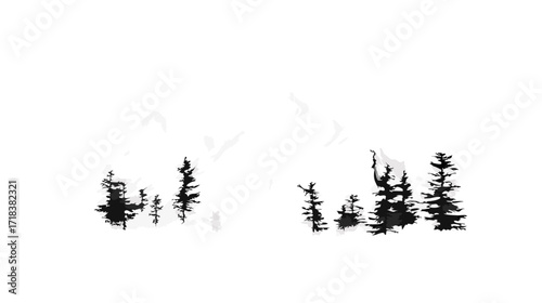 Silhouette evergreen trees against ghostly mountain peaks, black and white
