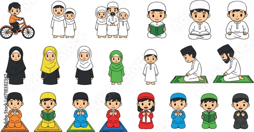 Muslim children and adults in traditional Islamic clothing praying, reading, and interacting in cartoon vector style for cultural education content
