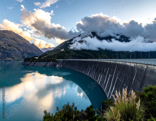 Dam at sunset over a lake