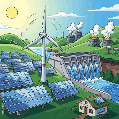 Sustainable energy landscape featuring solar panels, wind turbine, hydroelectric dam, and eco-friendly house for clean power solutions and green living
