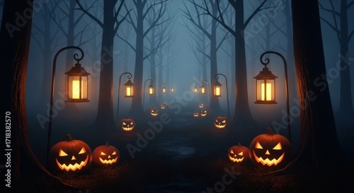 Spooky Halloween night scene with glowing pumpkins lining a misty forest path illuminated by lanterns creating an eerie, magical autumn atmosphere