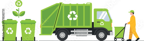 Recycling truck collecting green bins with eco-friendly worker, sustainability plant, waste management, environmental conservation, and green energy concept illustration