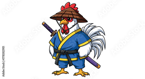 Cartoon samurai rooster wearing kimono and straw hat with katana sword, Japanese warrior chicken character in traditional costume pose