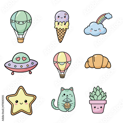 Cute Kawaii Clipart Set – Hot Air Balloons, Cat with Bubble Tea, Rainbow Cloud, Star, Ice Cream, Croissant, Succulent, and UFO Stickers