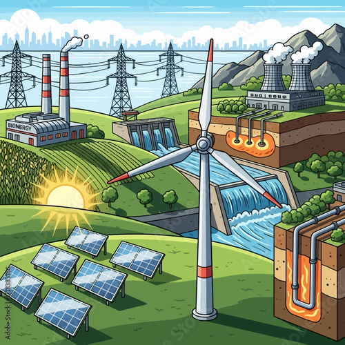 Vibrant cartoon landscape showcasing diverse renewable energy sources for a sustainable future with solar, wind, hydro, geothermal and bioenergy solutions