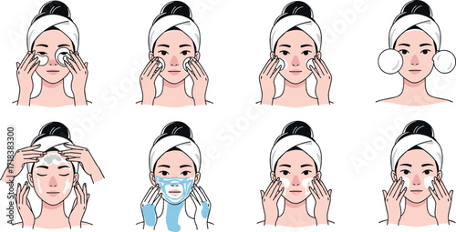Woman Performing Facial Skincare Routine Step by Step with Towel on Head – Cleansing, Mask, Moisturizing, Beauty Treatment Vector Set