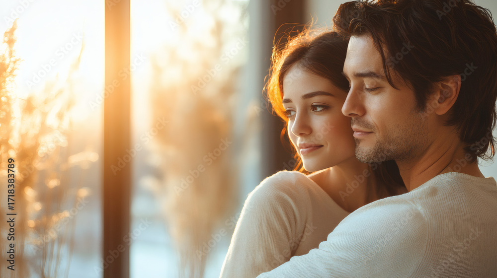 Fototapeta premium Couple embrace sunlight indoor