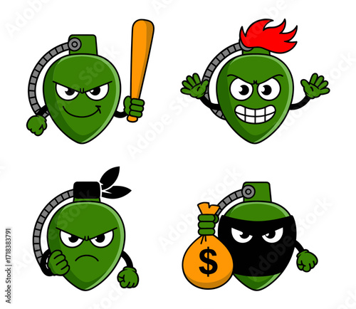 Four cartoon bomb characters with different expressions and actions, including holding a bat, raising hands, wearing a bandana, and holding a money bag.