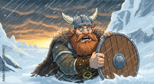 Viking character in snowy landscape