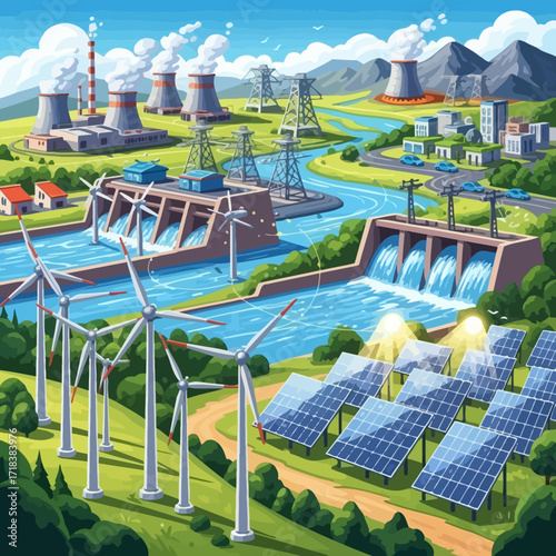 Embrace sustainable energy with vibrant wind turbines, solar panels, and hydroelectric dam, powering a brighter future for our planet and next generation