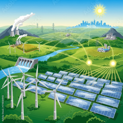 Sustainable energy landscape featuring wind turbines, solar panels, a dam, and a city skyline promoting a clean future