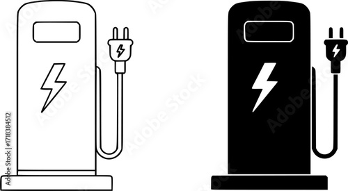 ofvs531 OutlineFilledVectorSign ofvs - electric car charging station . fast charging point with flash . isolated transparent . black outline and filled version . AI 10 / EPS 10 / PNG . g11874