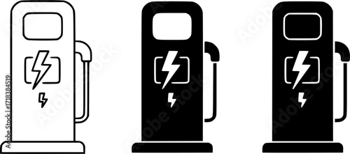 ofvs531 OutlineFilledVectorSign ofvs - electric car charging station . fast charging point with flash . isolated transparent . black outline and filled version . AI 10 / EPS 10 / PNG . g11874