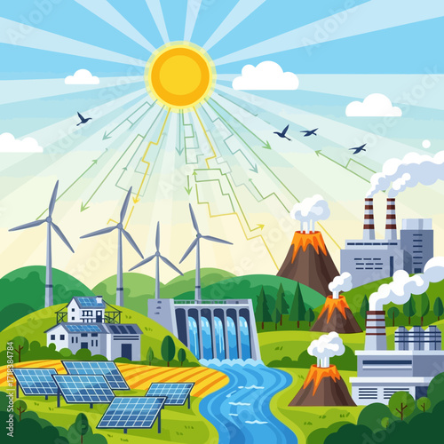 Promote sustainable energy solutions with this vibrant illustration showing solar panels, wind turbines, hydroelectric dam and geothermal power sources
