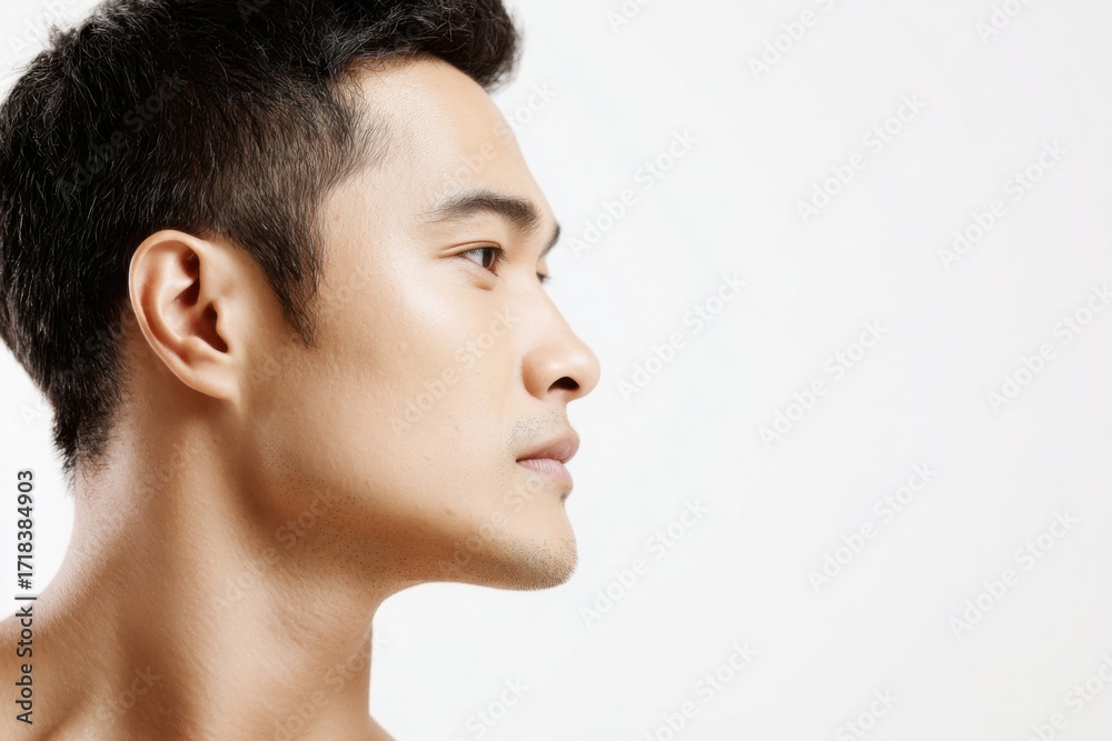Naklejka premium Side profile of a young Asian man with short hairstyle and clear skin on plain white background.