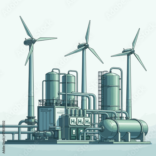 Modern hydrogen production facility powered by wind turbines showcases clean energy solutions for a sustainable industrial future, appealing to eco-conscious buyers