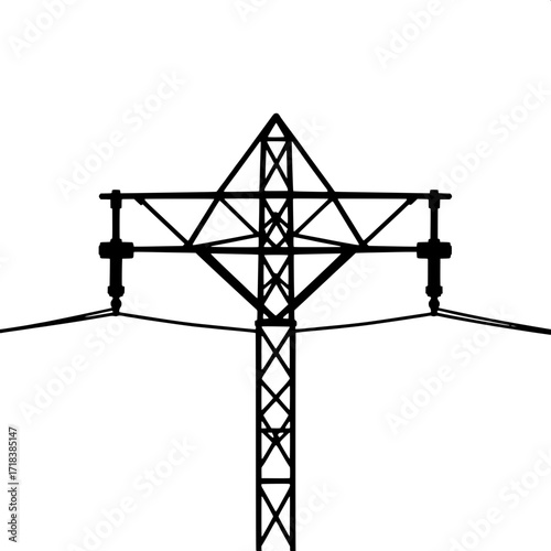 Geometric Line Art
A vector illustration of a power pylon constructed entirely from clean, straight black lines. The structure emphasizes triangular and diamond shapes, evenly balanced against a white