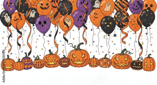 Spooky Halloween party decorations with pumpkins and balloons for invitations, ads, and social media posts to celebrate the creepy season with style