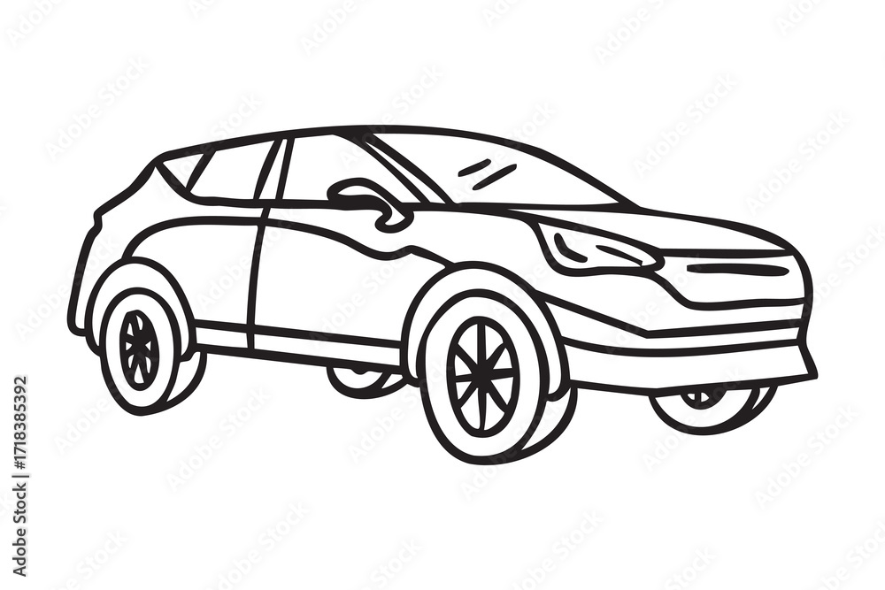 Fototapeta premium Modern crossover car, hand drawn doodle, line art, monochrome, hand drawn