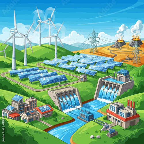 Cartoon illustration of diverse energy sources powering a vibrant, sustainable future with wind turbines, solar panels, hydroelectric dam, and geothermal plant