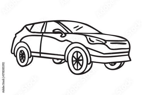 Modern crossover car, hand drawn doodle, line art, monochrome, hand drawn