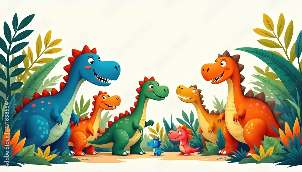 Fototapeta premium Colorful cartoon dinosaurs gather in vibrant jungle habitat. Playful creatures with cheerful expressions inhabit lively environment filled with rich foliage. Whimsical prehistoric scene features