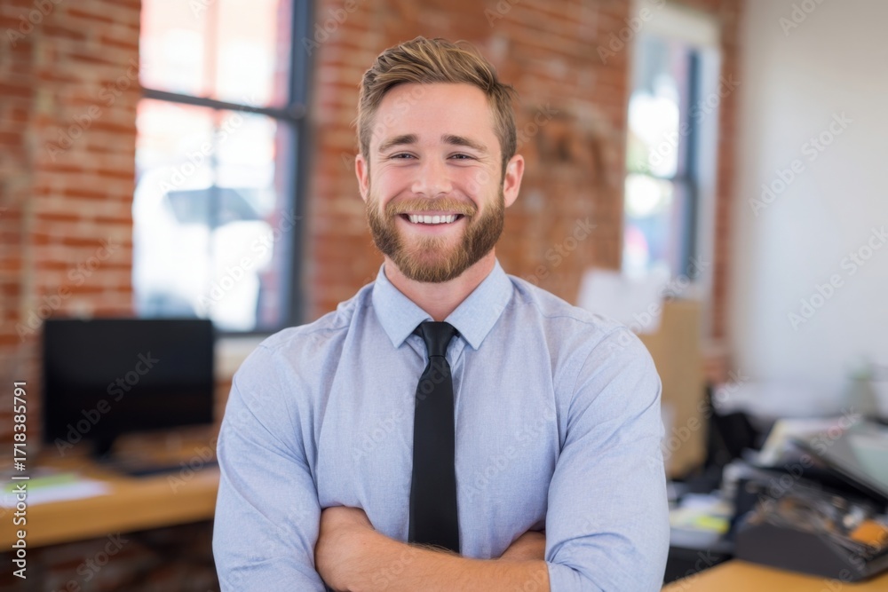 Fototapeta premium Happy confident businessman smiling in modern office environment during workday.