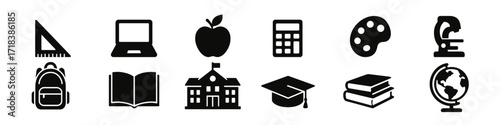 Education icons set: silhouette school and learning symbols