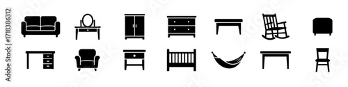 Silhouette icons of home furniture including sofa and rocking chair