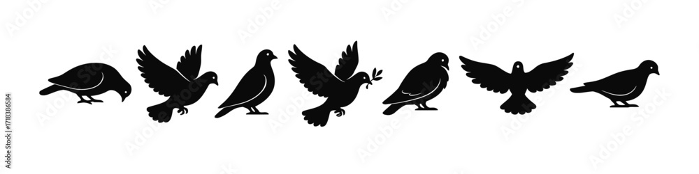 Fototapeta premium Bird silhouettes in flight and rest: stylized collection of avian silhouettes for design