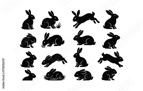 Collection of silhouette rabbits in various poses