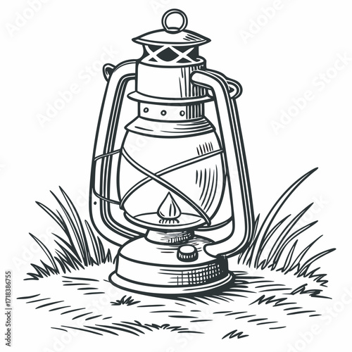 Vintage oil lantern burning brightly in grassy field rustic outdoor ambiance
