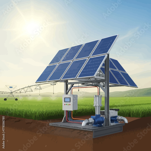 Sustainable agriculture powered by solar panels irrigating green crops, showcasing eco-friendly farming and renewable energy solutions for a brighter future