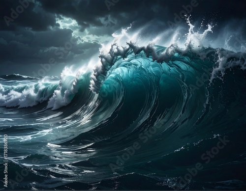 Dramatic ocean waves under stormy sky