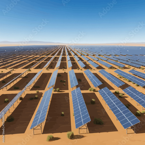 Vibrant solar panel farm stretches to the horizon, generating sustainable energy under a bright blue sky, promising a cleaner future for all