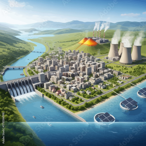 Sustainable city powered by hydro, nuclear, and solar energy thriving in a vibrant landscape promoting innovation and environmental responsibility