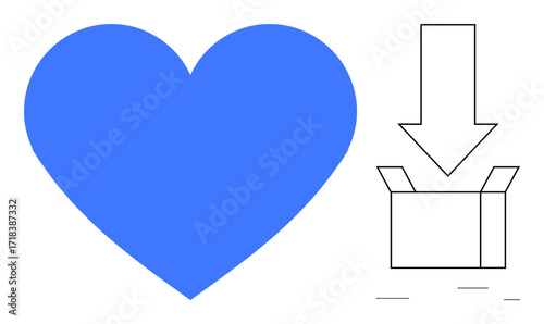 Blue heart and box with downward arrow symbolizing love, generosity, and sharing. Ideal for charity, donation, kindness, care, service volunteerism support. Simple flat metaphor