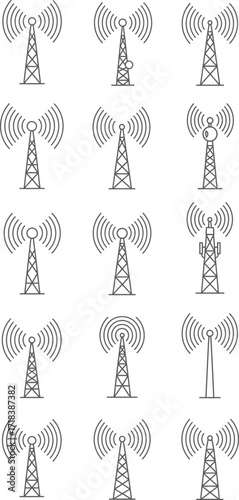 Illustration showing a collection of fifteen different antenna towers with signal waves emitted, grey outline
