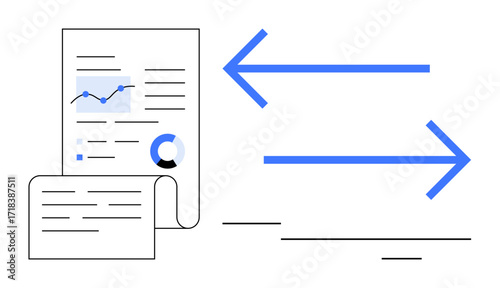 Documents with charts, graphs, and text accompanied by arrows in opposite directions. Ideal for data sharing, communication, workflow, collaboration, analysis, technology transfer simple flat